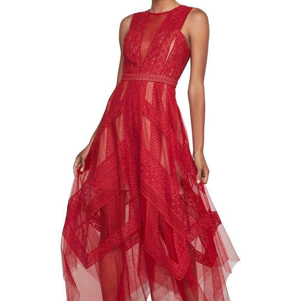 Bcbgmaxazria Asymmetrical Hem Lace Dress Red